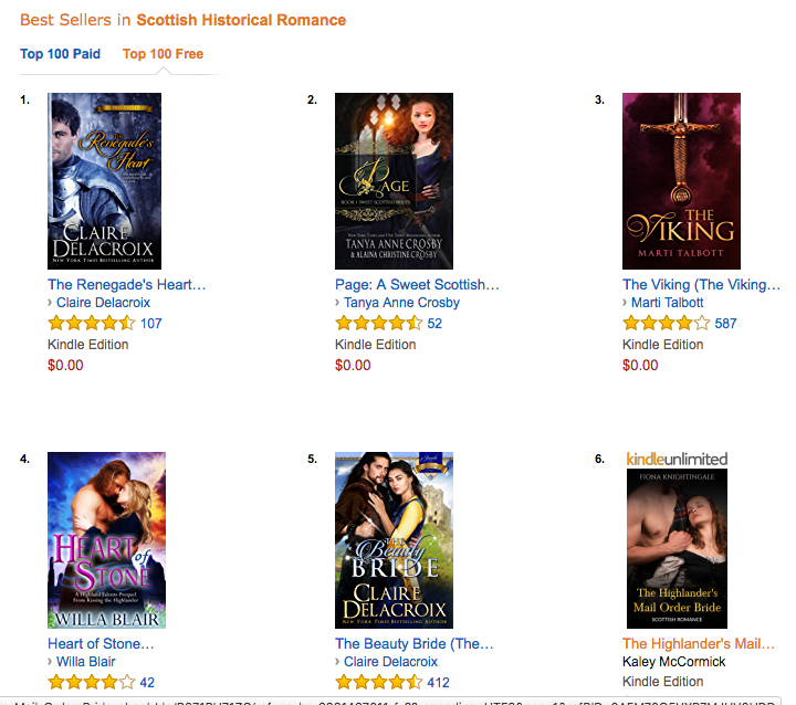 The Renegade's Heart #1 on the Scottish Romance bestseller list at Amazon.com on April 26, 2017