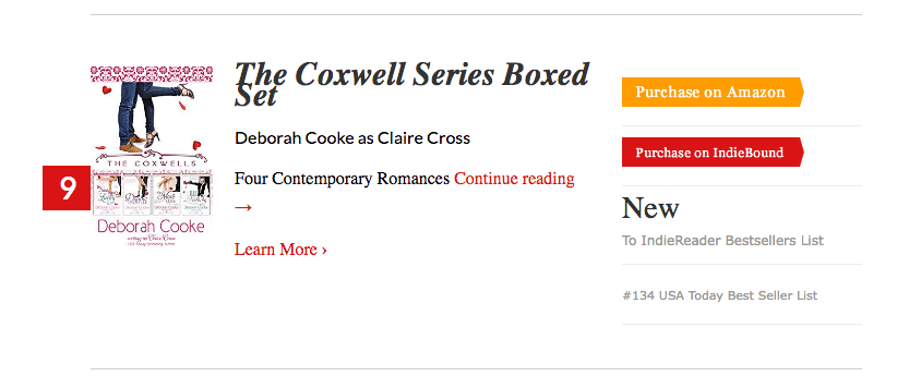 The Coxwells Boxed Set at #9 on the IndieReader bestseller list June 2017