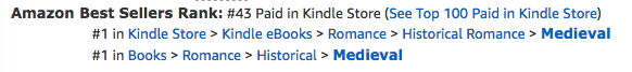 The Princess, a medieval romance by Claire Delacroix, at #43 overall in the Kindle store and #1 in Medieval Romance on August 26, 2017