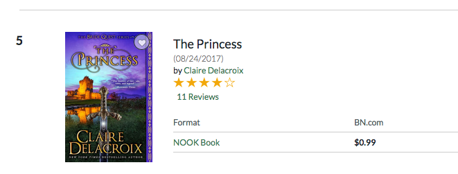 The Princess, a medieval romance by Claire Delacroix, at #5 overall in the Nook store on August 26, 2017