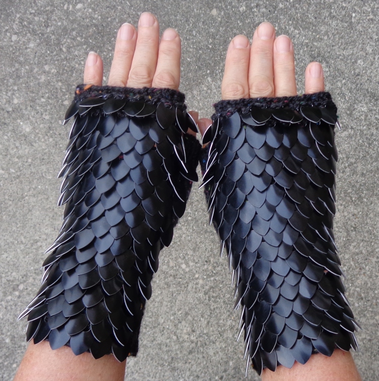Dragon scale mitts knit by Deborah Cooke