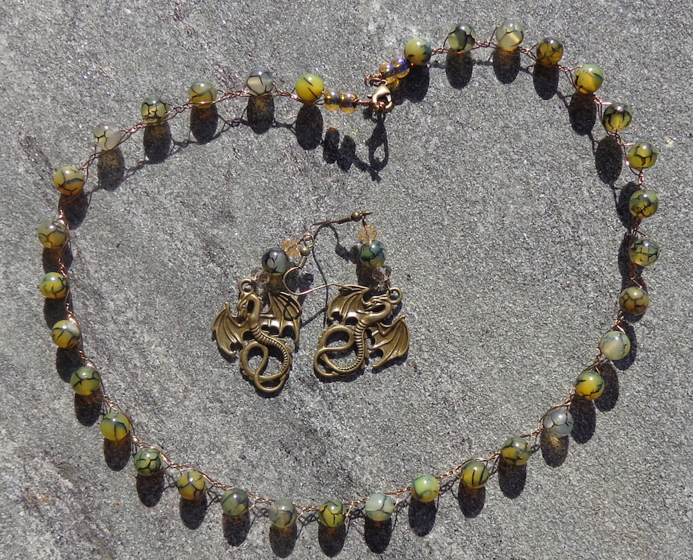 Necklace and earrings of dragon's eye agate and beads by Deborah Cooke