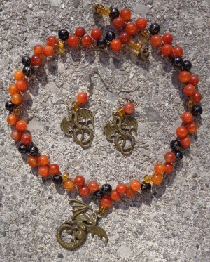 Dragon necklace with fire agate semi-precious gemstone beads and glass beads, made by Deborah Cooke