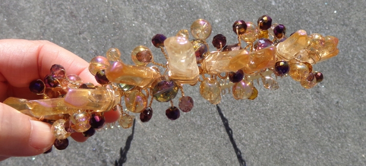 Detail of bead and crystal tiara made by Deborah Cooke