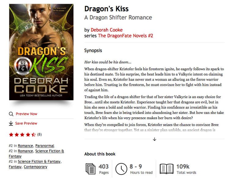 Dragon's Kiss, book two of the DragonFate Novels paranormal romances by Deborah Cooke at #2 in paranormal romance, #2 in SFF romance and #2 in SFF at KOBO on January 28, 2021