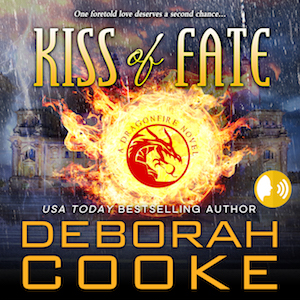 Kiss of Fate, book three of the Dragonfire Novels series of paranormal romances by Deborah Cooke, AI-narrated audiobook edition