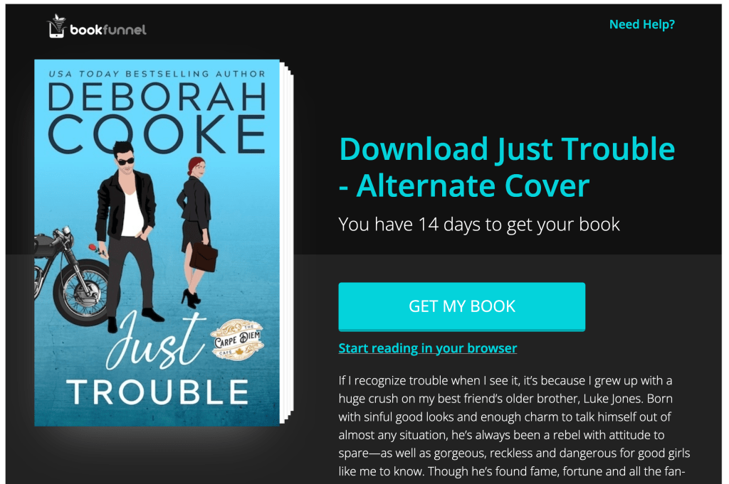 BookFunnel download page for Just Trouble alternate cover