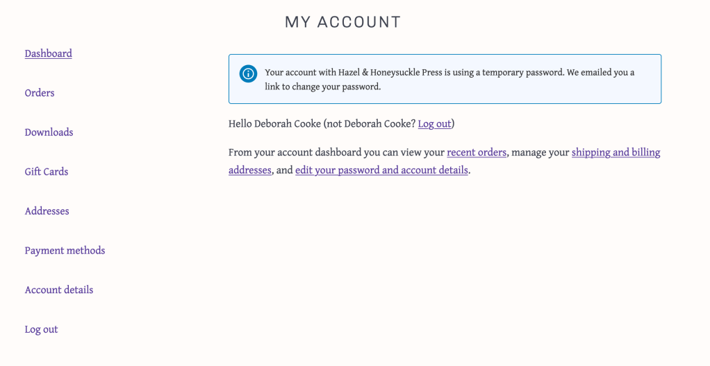 account page at Hazel & Honeysuckle Press