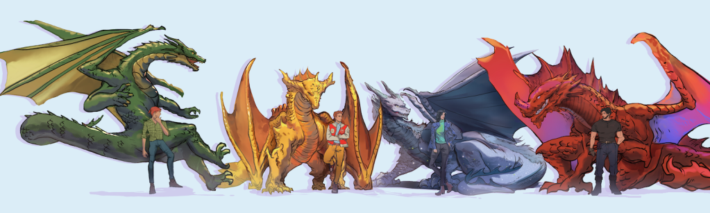 Jaka Prawira's illustration of the crew for The Dragon Diaries Omnibus by Deborah Cooke