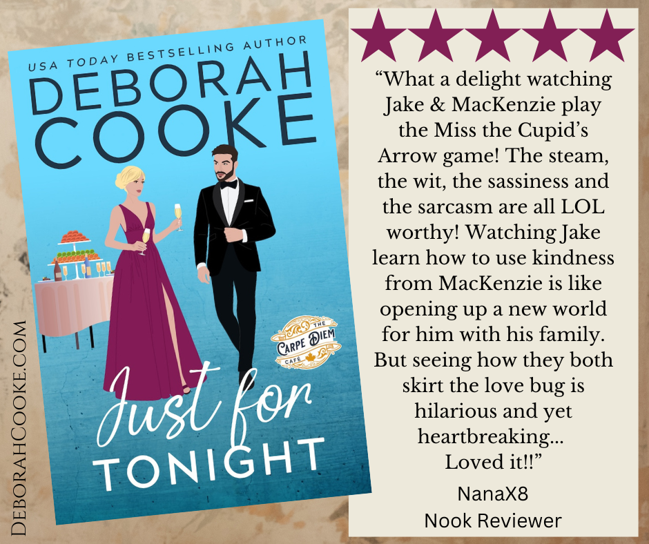 Five star review for Just for Tonight, book three of the Carpe Diem Café series of small town contemporary romances by Deborah Cooke